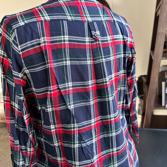 Market & Spruce Women’s Large Plaid Rayon Tunic Top Navy Red Long Sleeve - Picture 5 of 7